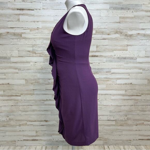 Elie Tahari Ruffle Wool Blend Sheath Dress Size 8 Purple Sleeveless Zip Front - Picture 5 of 14
